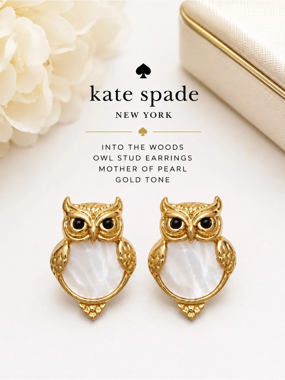 Kate Spade Into the Woods Owl Stud Earrings Gold Mother of Pearl NWT